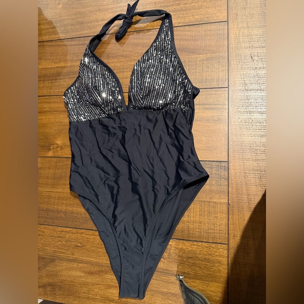 SHEIN Black and Silver One Piece Swimsuit